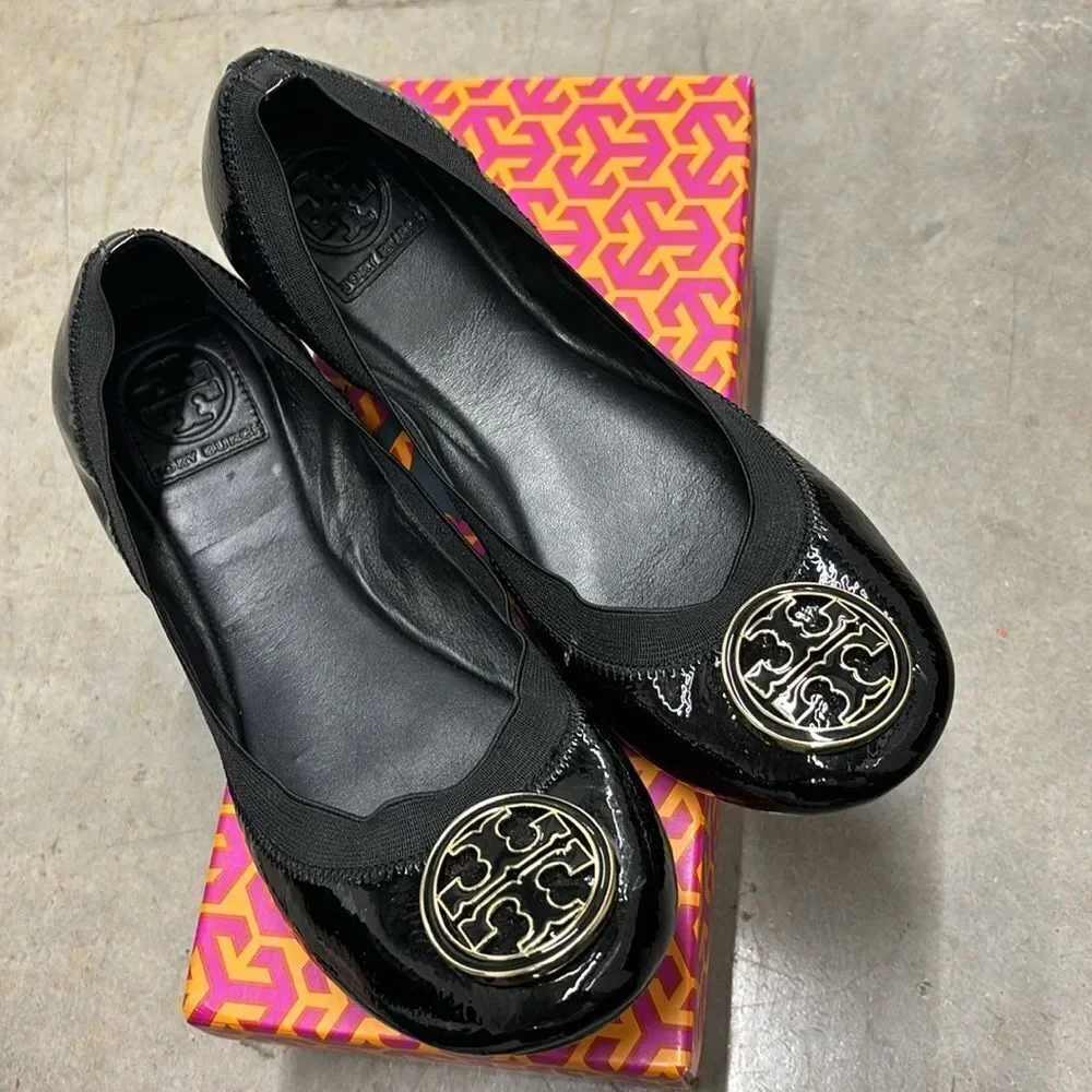 Tory Burch Caroline Naplak  Elastic Leather Slip On Ballet Flats in Black 9.5